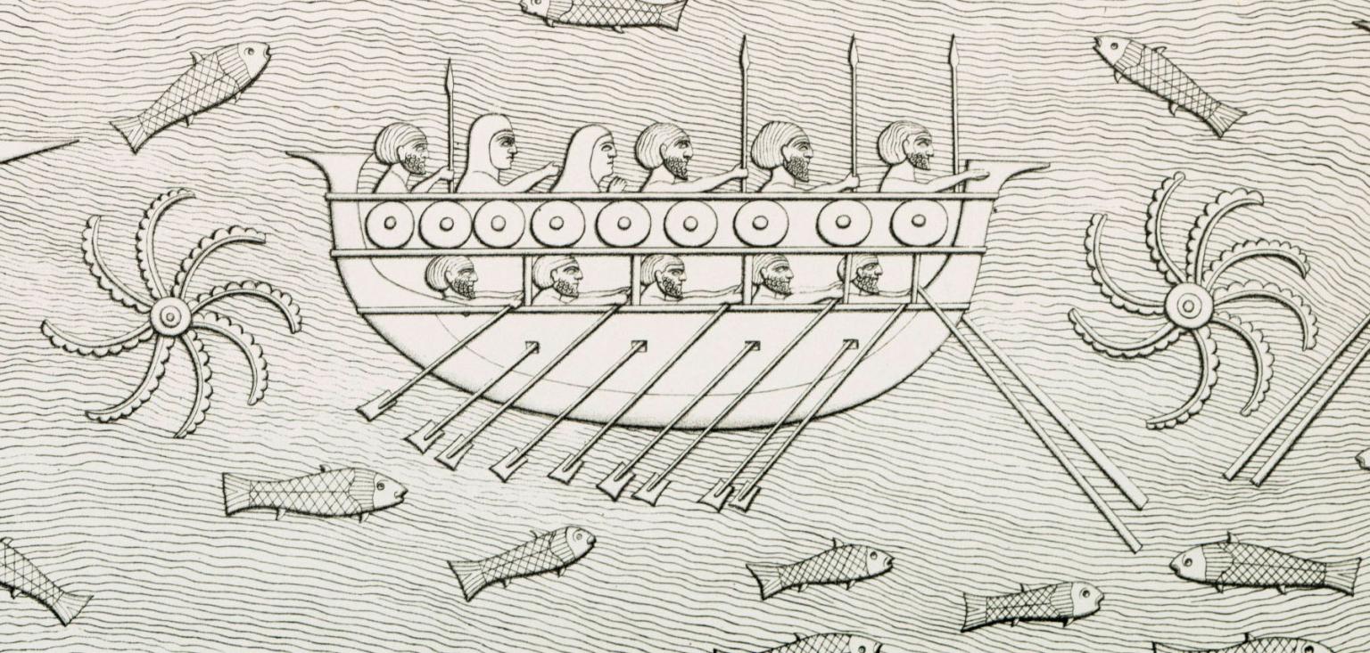 Relief of boat with several men in profile with spears inside, surrounded by water, fish, and octopuses. 