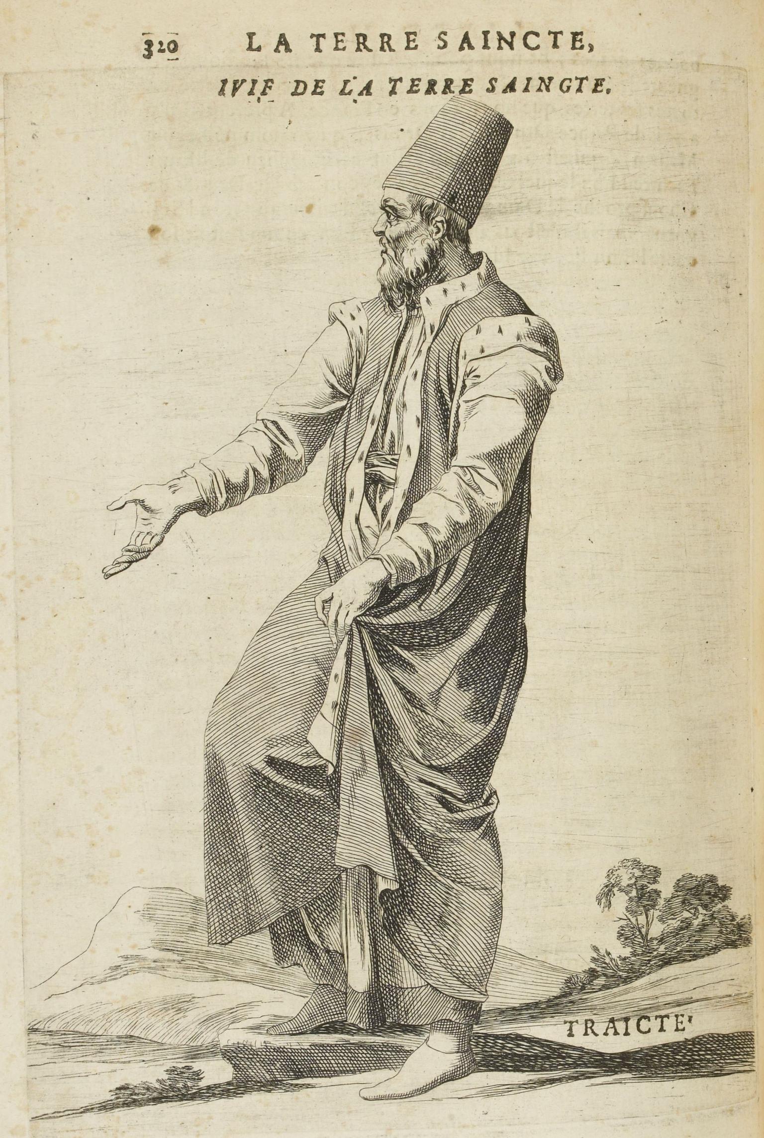 Drawing of man in hat stepping with one arm outstretched and the other grasping the hem of his robes with French heading.