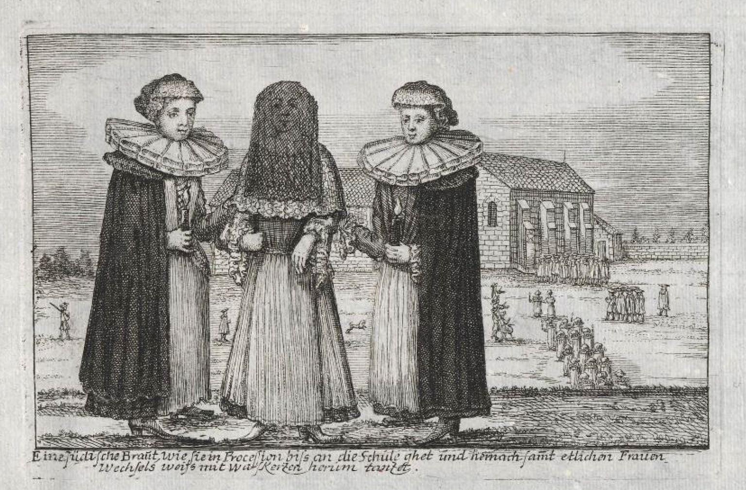Print engraving of woman in veil flanked by two other women, standing before a stone building. 