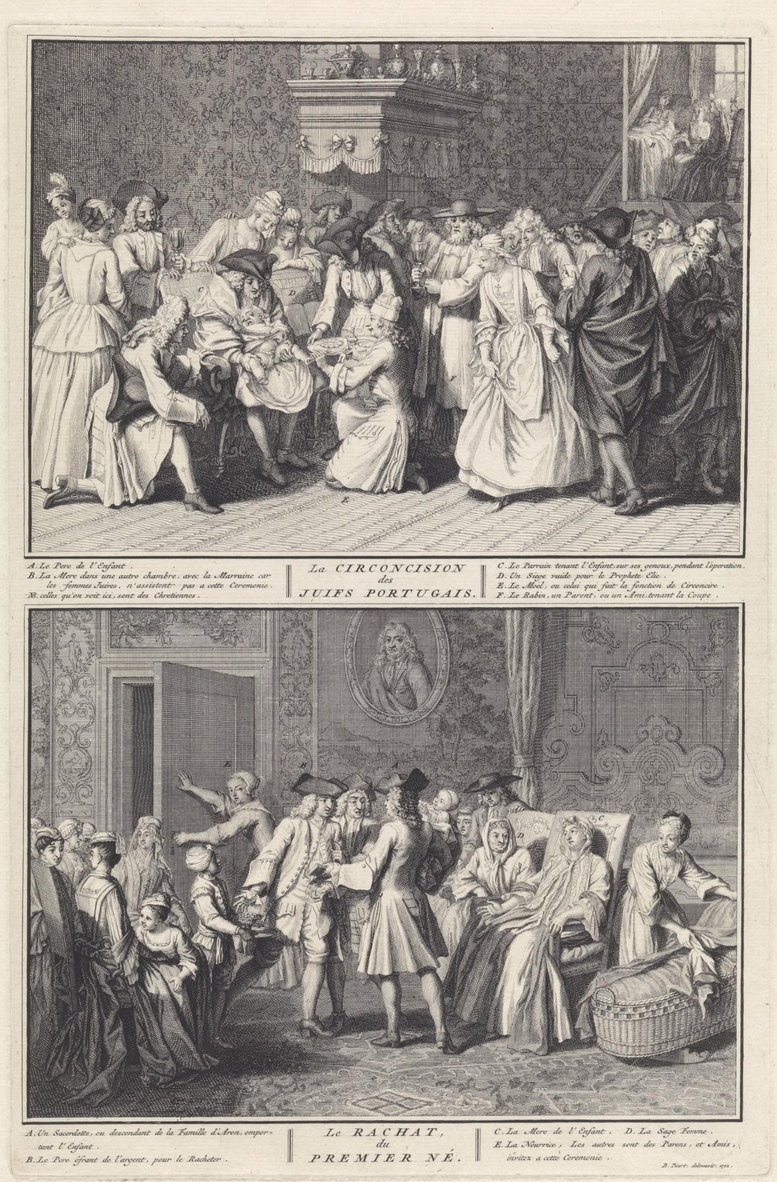 Print of two scenes, both with French text below: the top of baby on man's lap surrounded by people with bed in background, the bottom showing many people in ornate room with baby crib. 