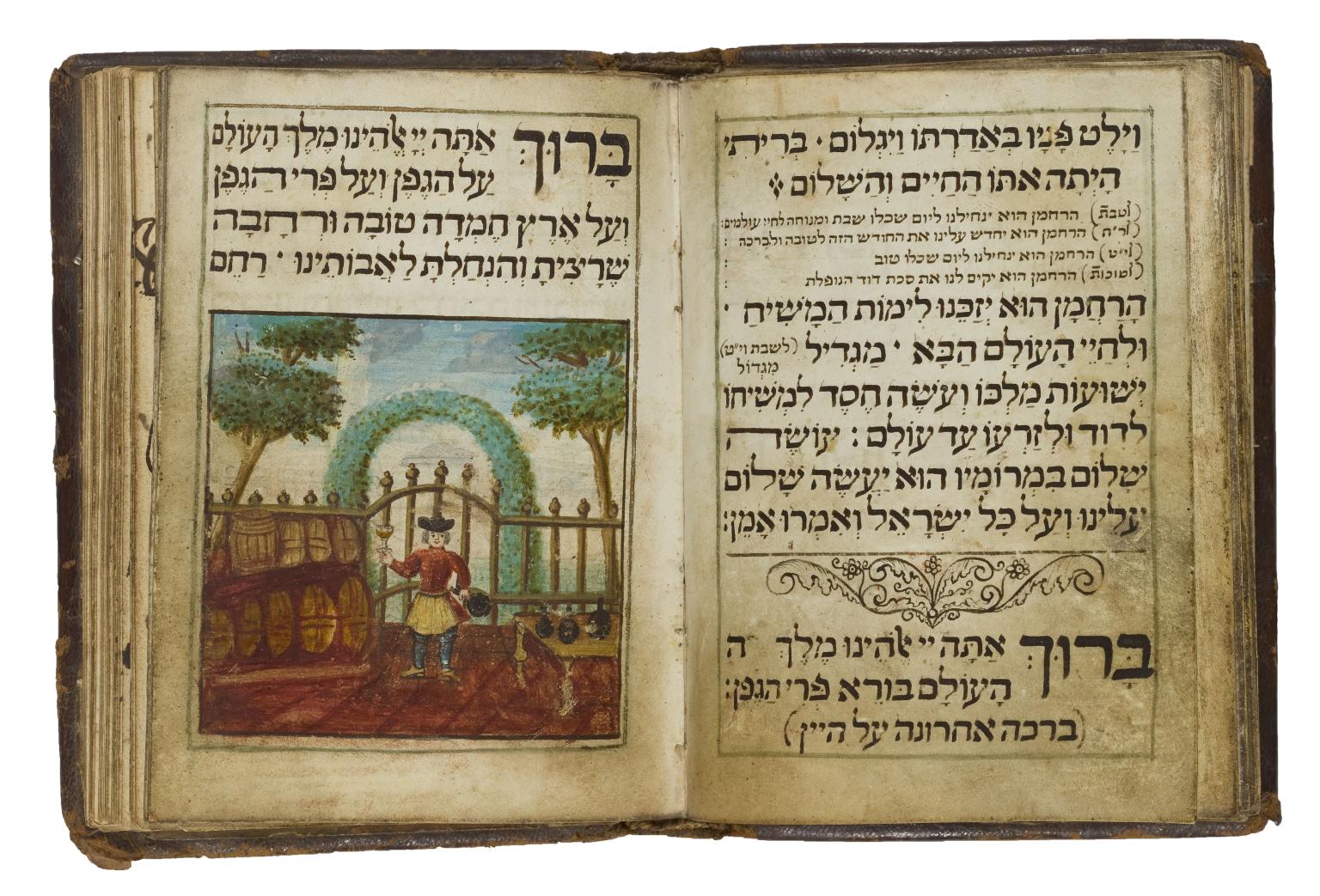 Facing-page manuscript with Hebrew text on right-hand page and illustration on left-hand page of man holding wine glass next to wine barrels under Hebrew text.