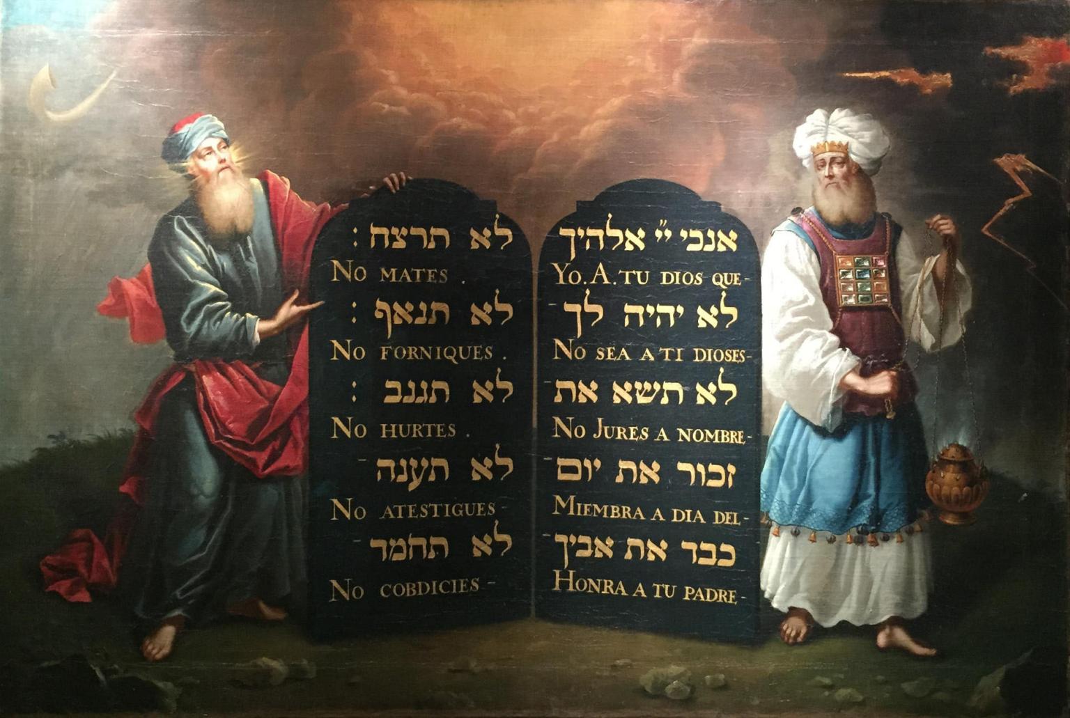 Painting of two bearded men in robes, one on each side of large tablets with Hebrew and Spanish text. 