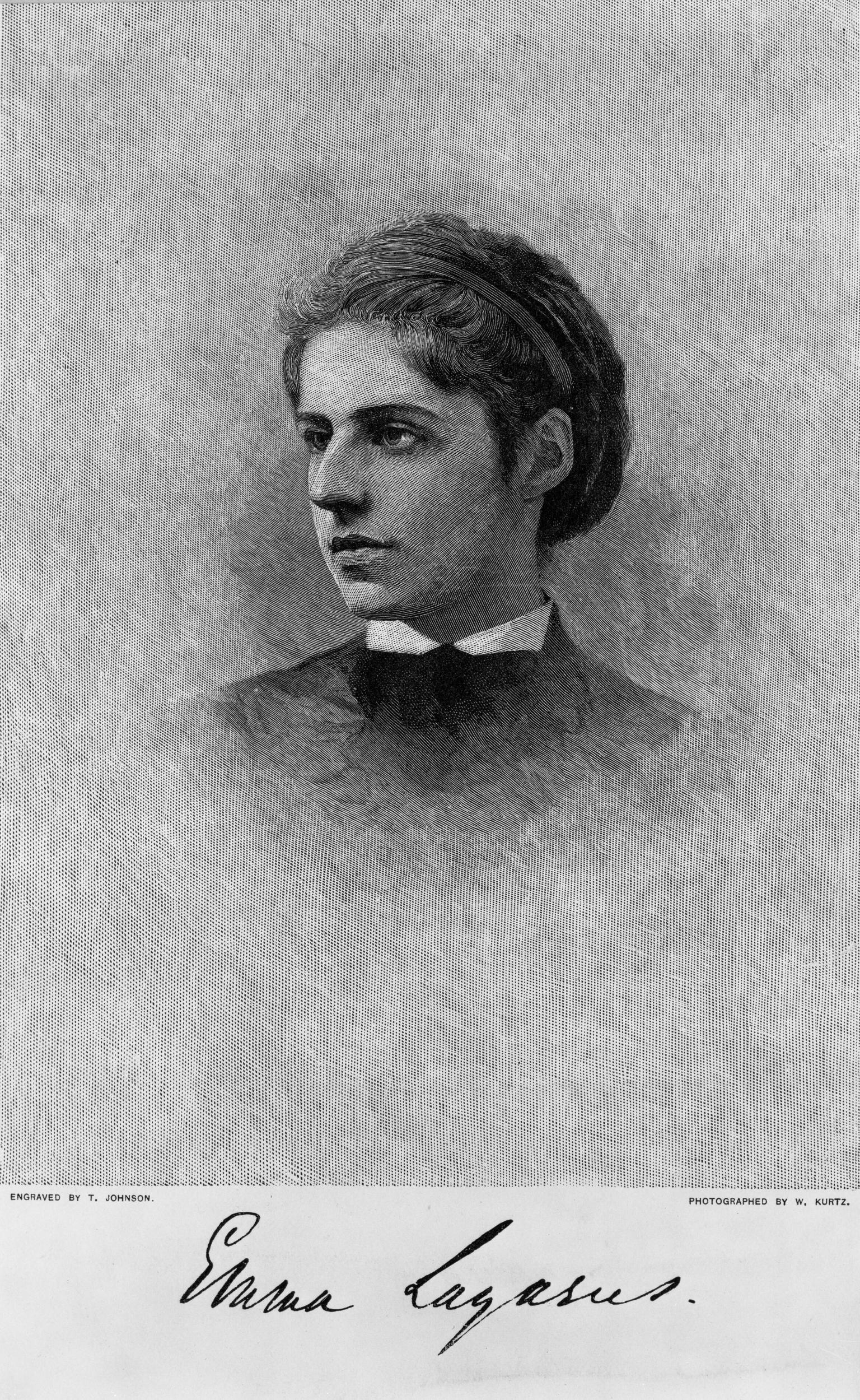 Engraved half-length portrait of woman facing left.