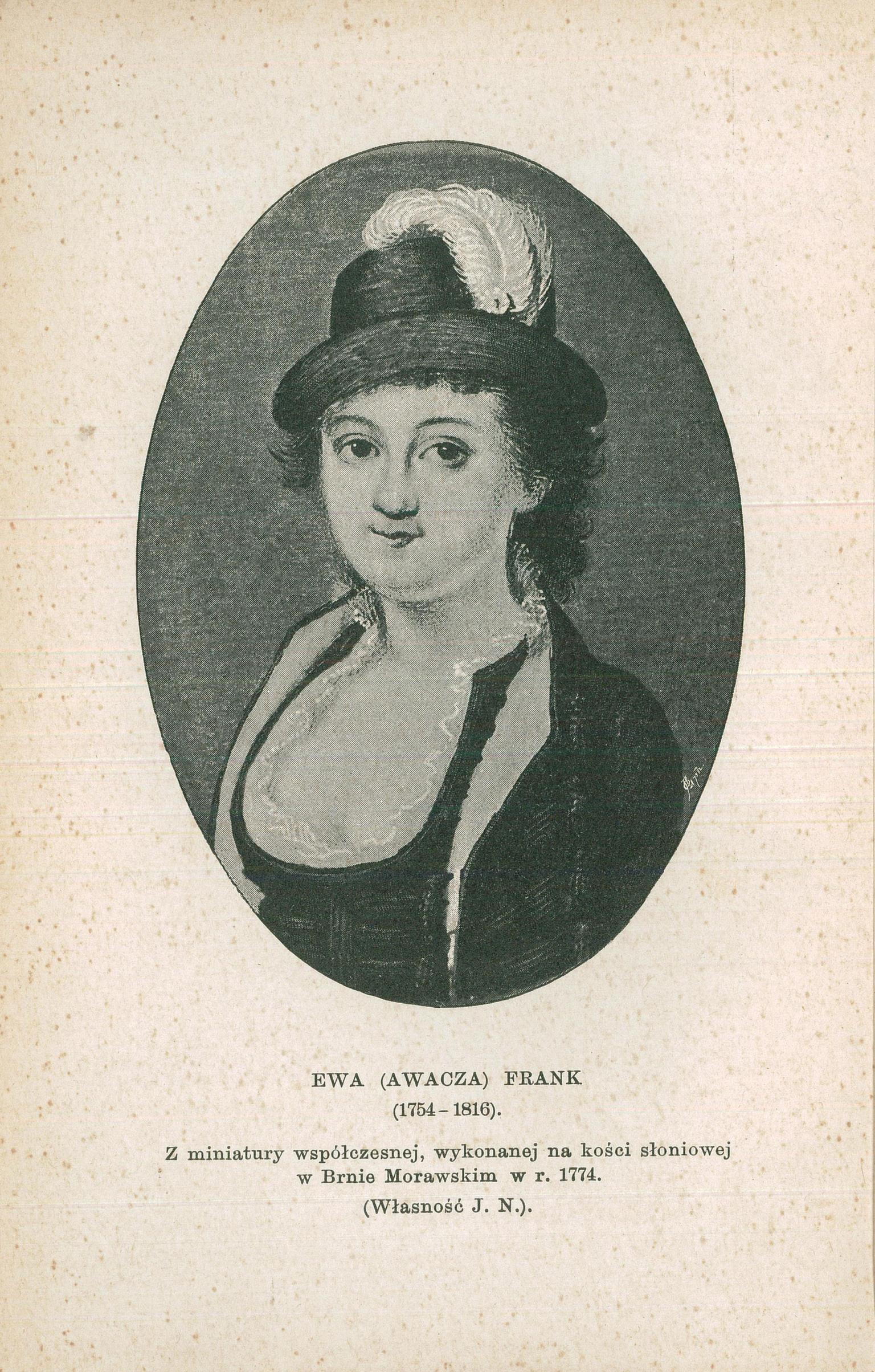 Print of half-length portrait of woman in hat and dress with lace border, and Polish text underneath. 