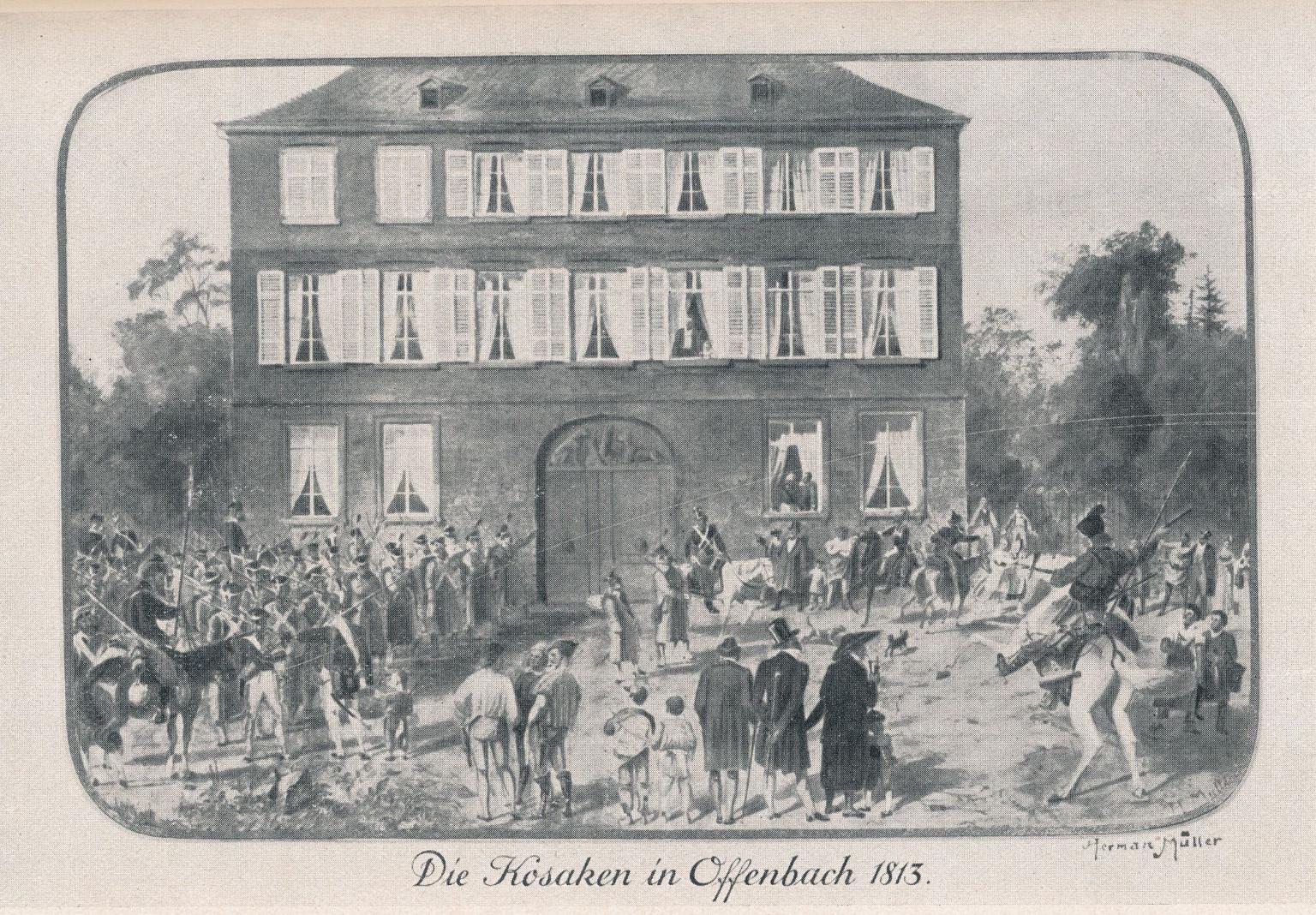 Image of house with many windows surrounded by soldiers on horseback and people. 