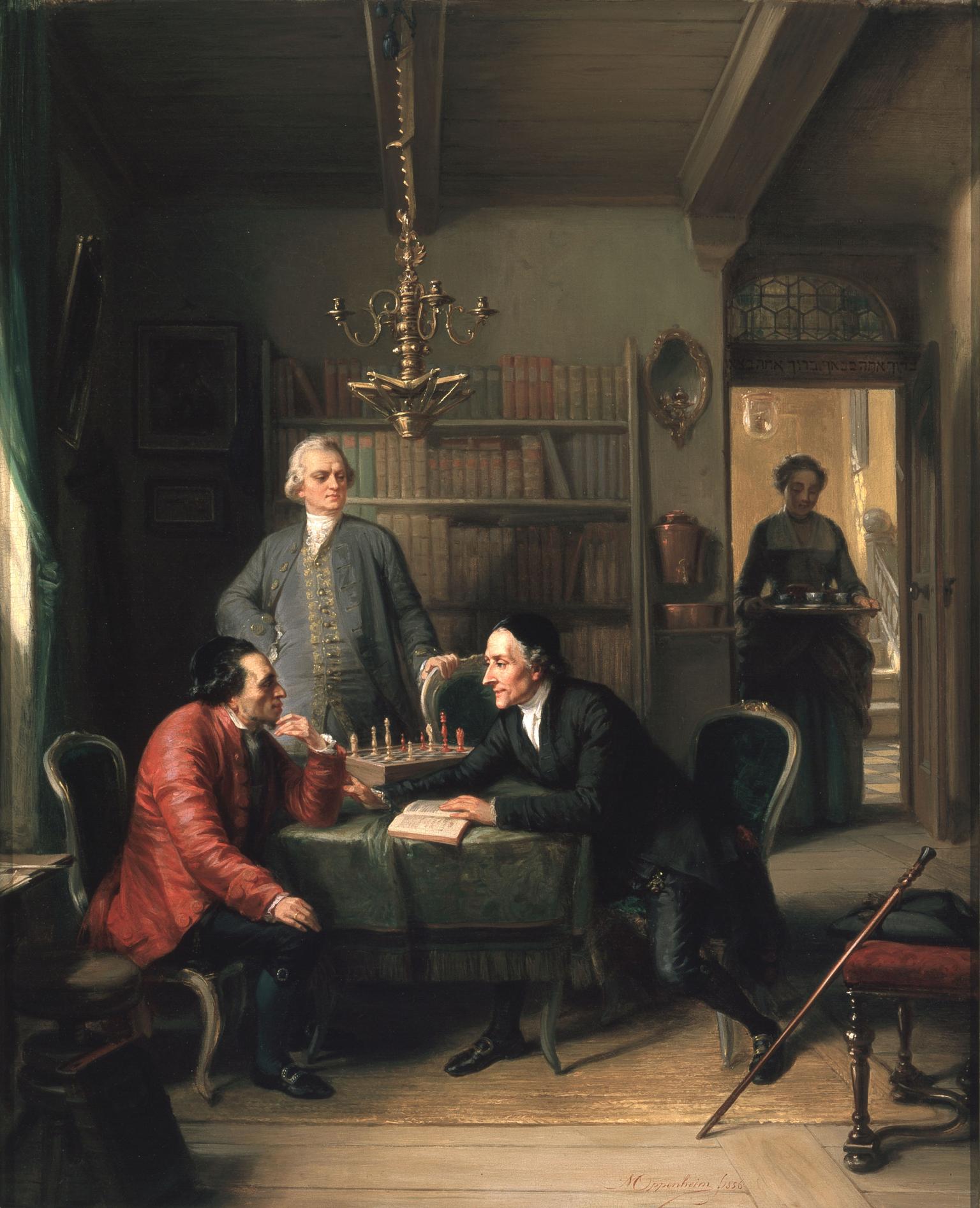 Painting of two men seated at a table with another man standing behind them, and woman in doorway carrying tray of tea. 