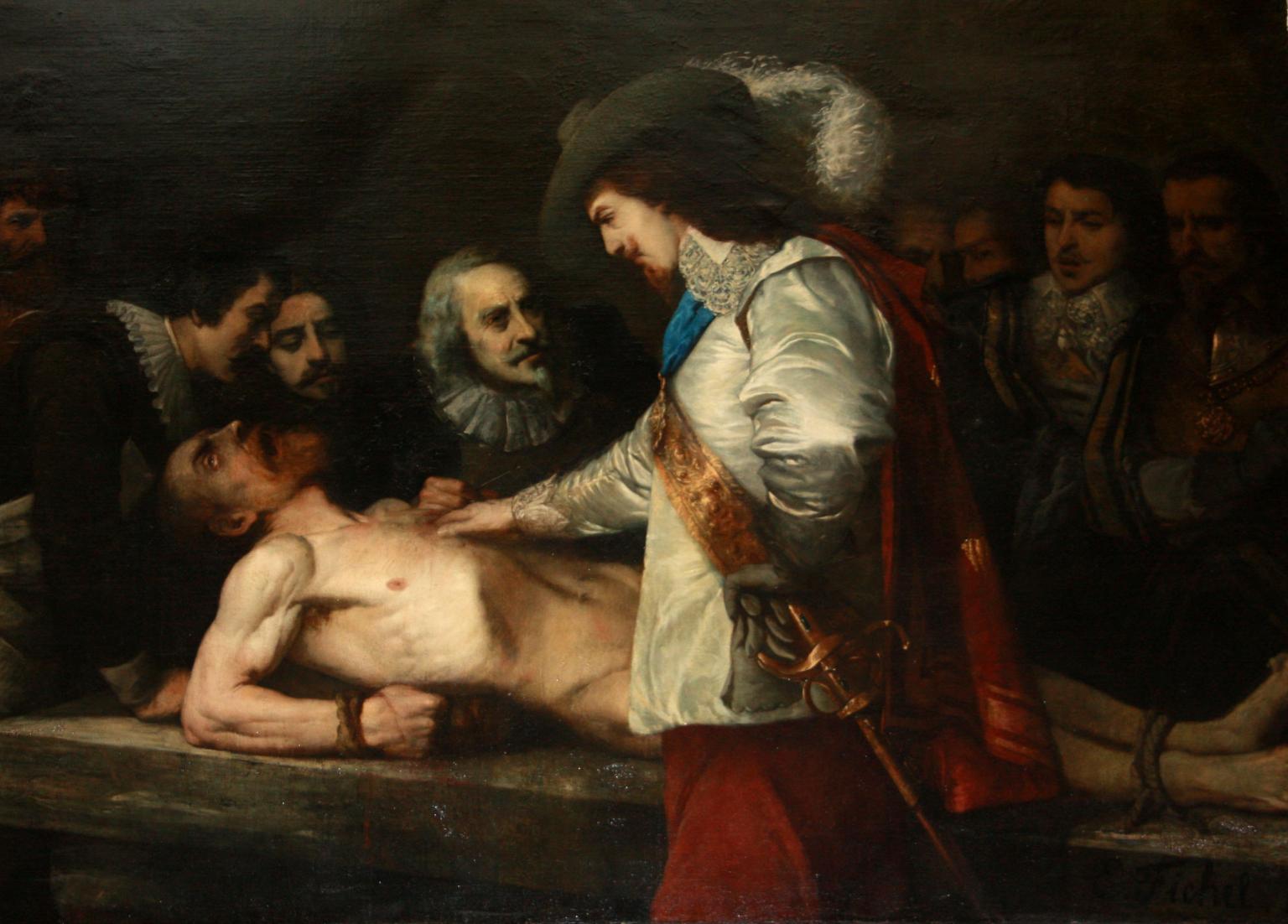 Painting of well-dressed man in hat with plume and sword putting his hand on the chest of a nude man tied down prone on a table with face upturned and mouth open, as several well-dressed men look on from the far side of the table. 