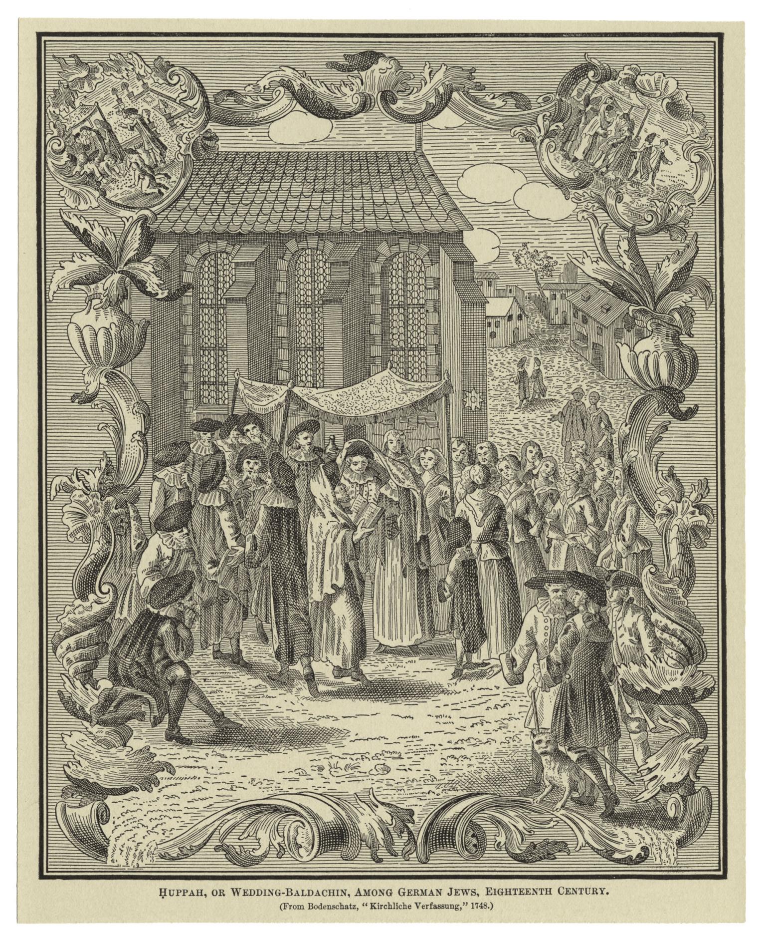 Etching of ceremony under marriage canopy outside a building, surrounded by people and framed by decorative motif. 