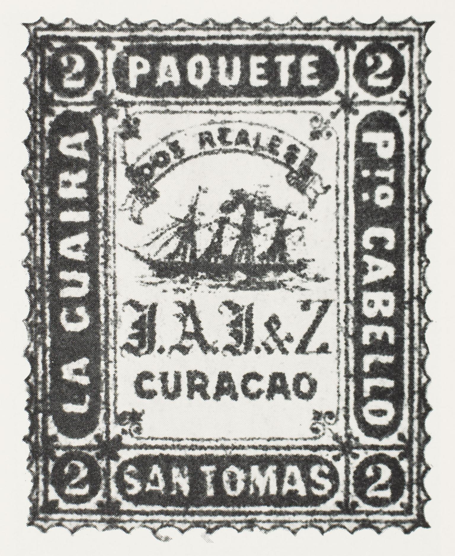 Postage stamp depicting ship and Portuguese lettering. 