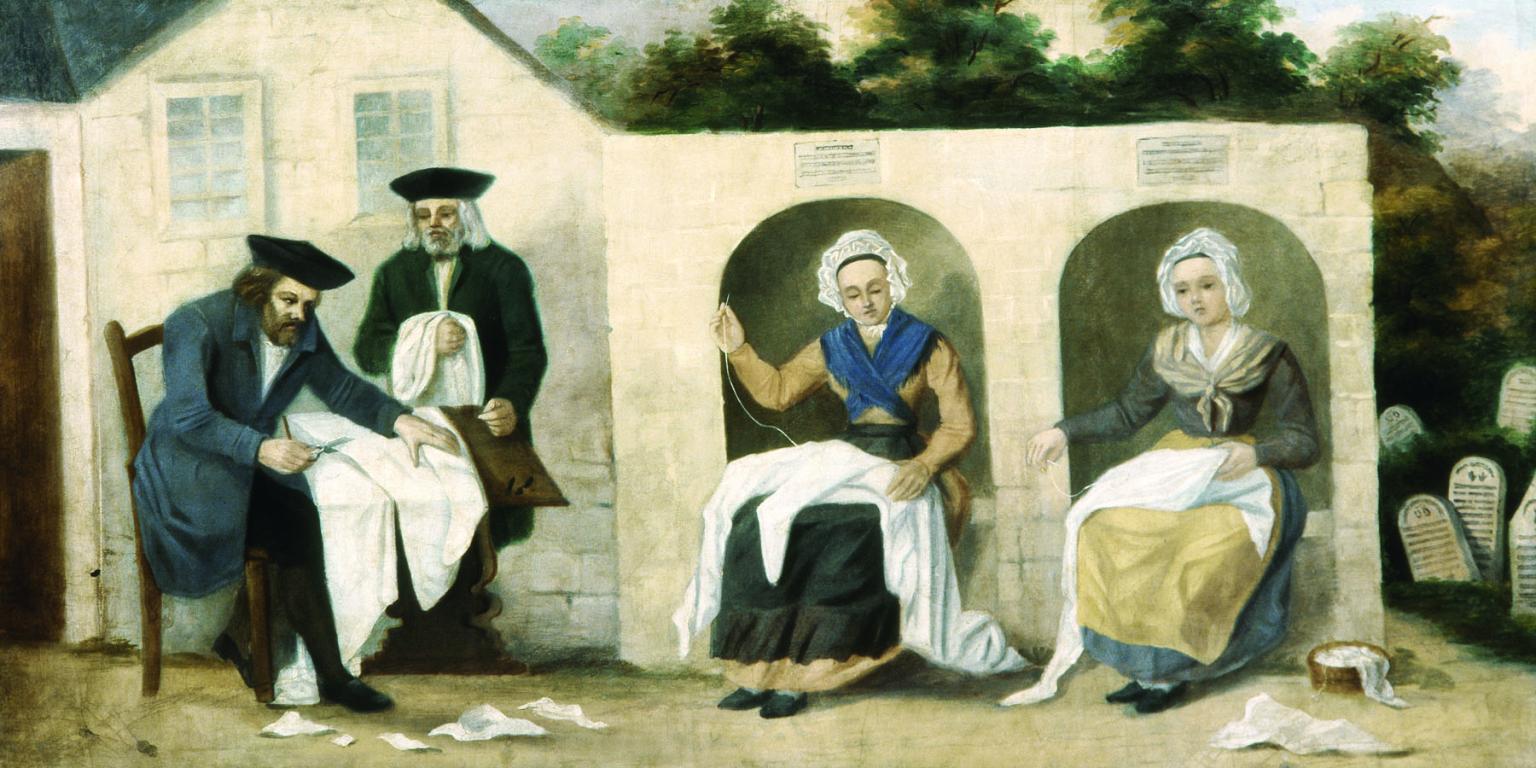 Painting of men cutting cloth and women sewing. 
