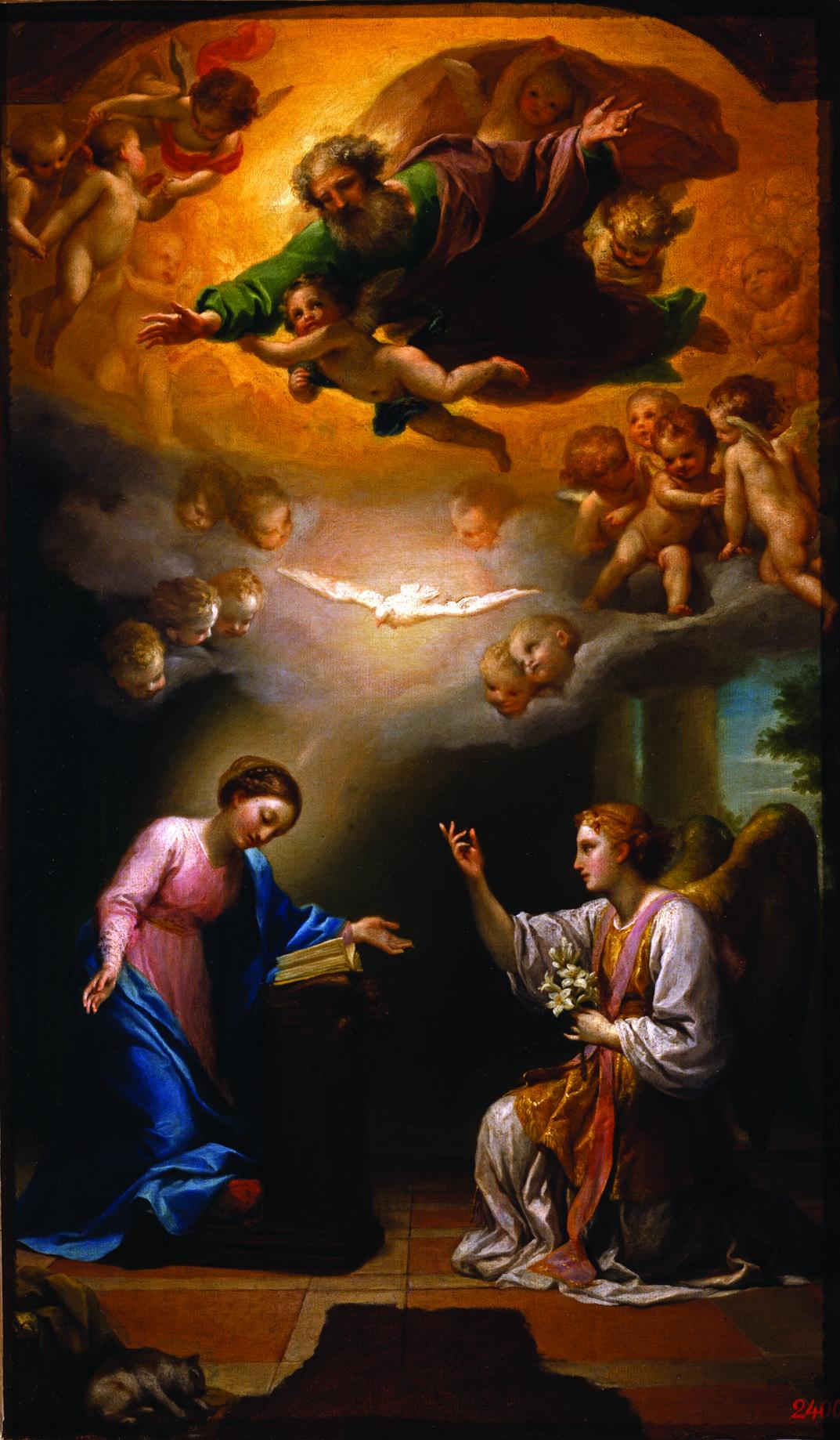 Painting of two figures in robes, with celestial scene featuring dove, cherubs, and a God-like figure above. 