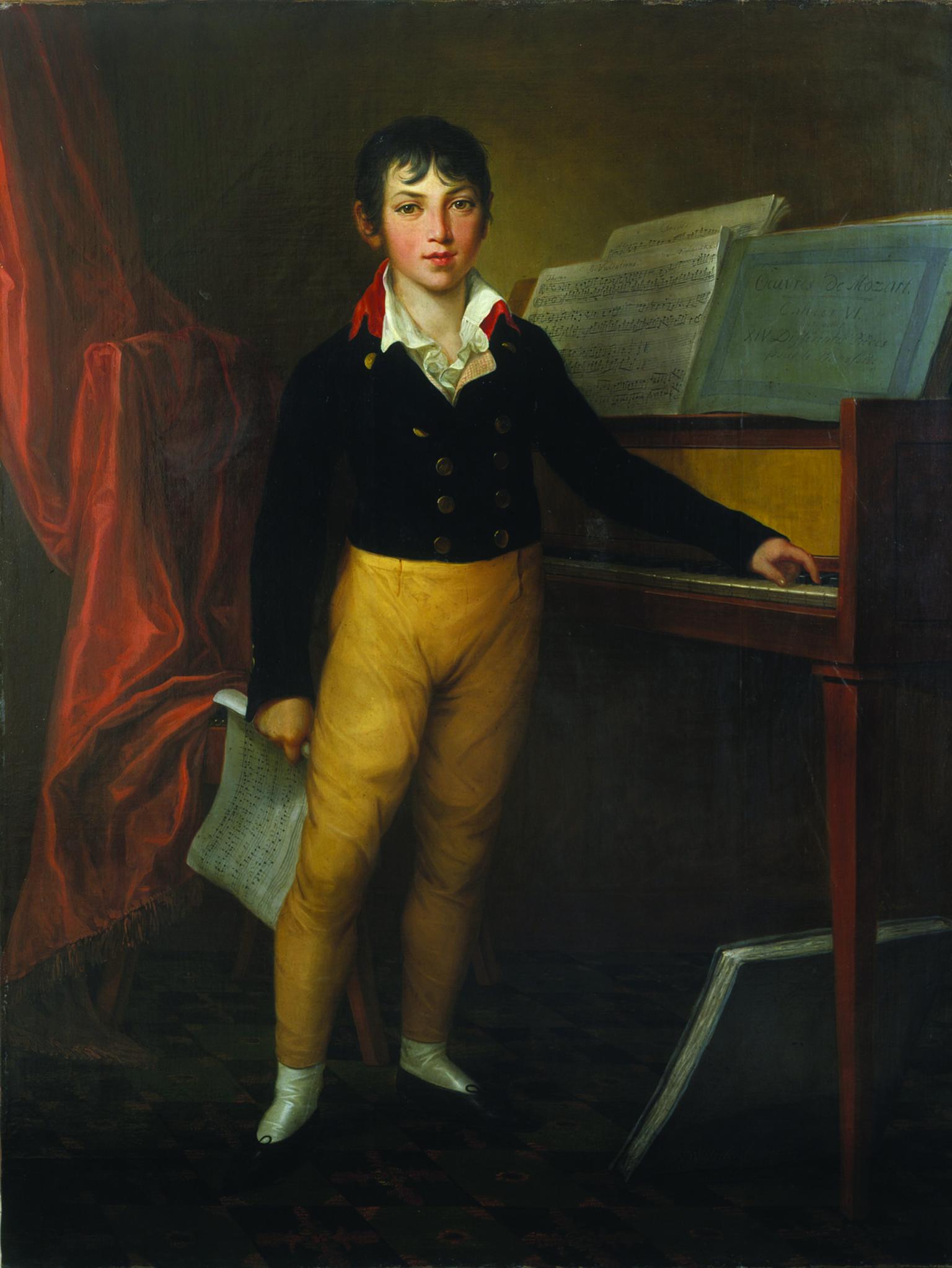 Portrait painting of young man standing next to piano and holding sheet music.