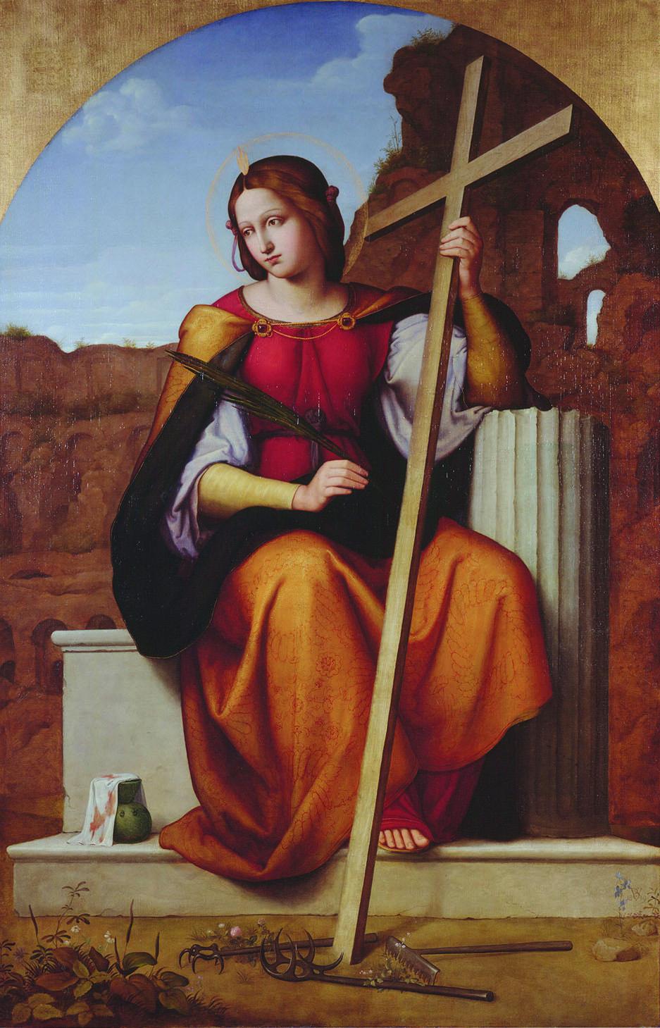 Painting of seated female figure, peering downward and away from viewer, wearing halo and cape and holding large cross.
