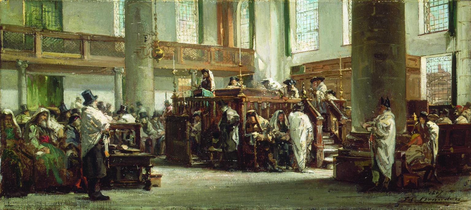 Painting of men on benches in building with tall columns, balconies, and central podium.