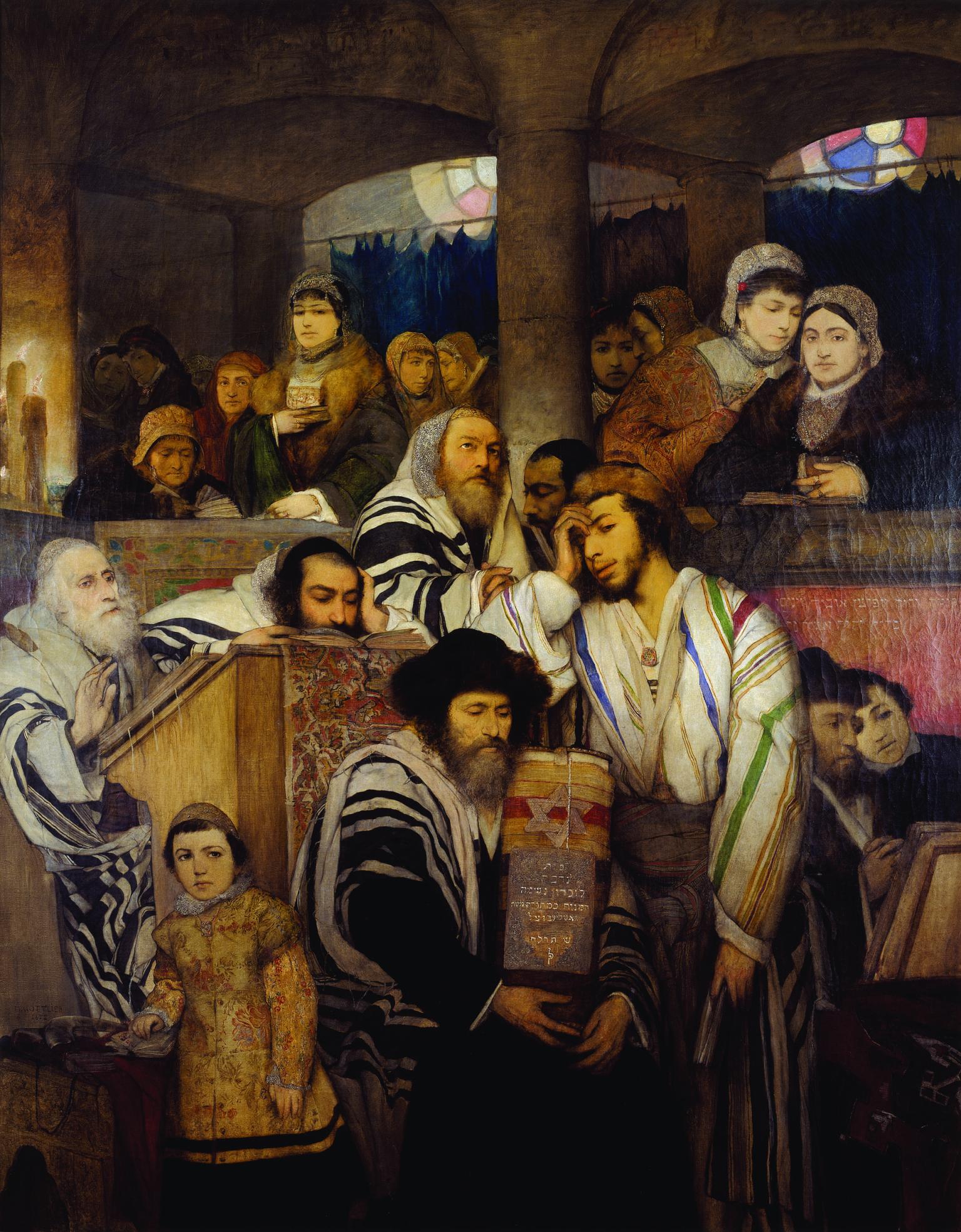 Painting depicting men in skullcaps and prayer shawls in foreground at podiums, one holding a Torah scroll, and women in background in hats and shawls.
