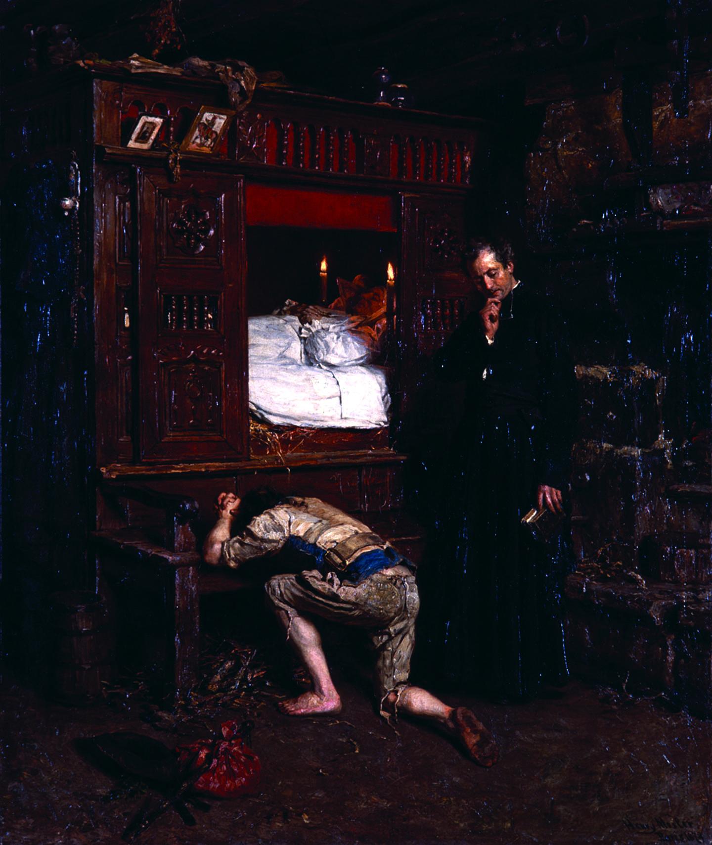 Painting depicting older man in bed as younger man kneels at bedside next to priest holding book.