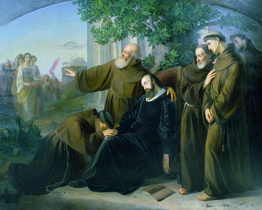 Painting of monks standing around slumped-down, pale figure. 