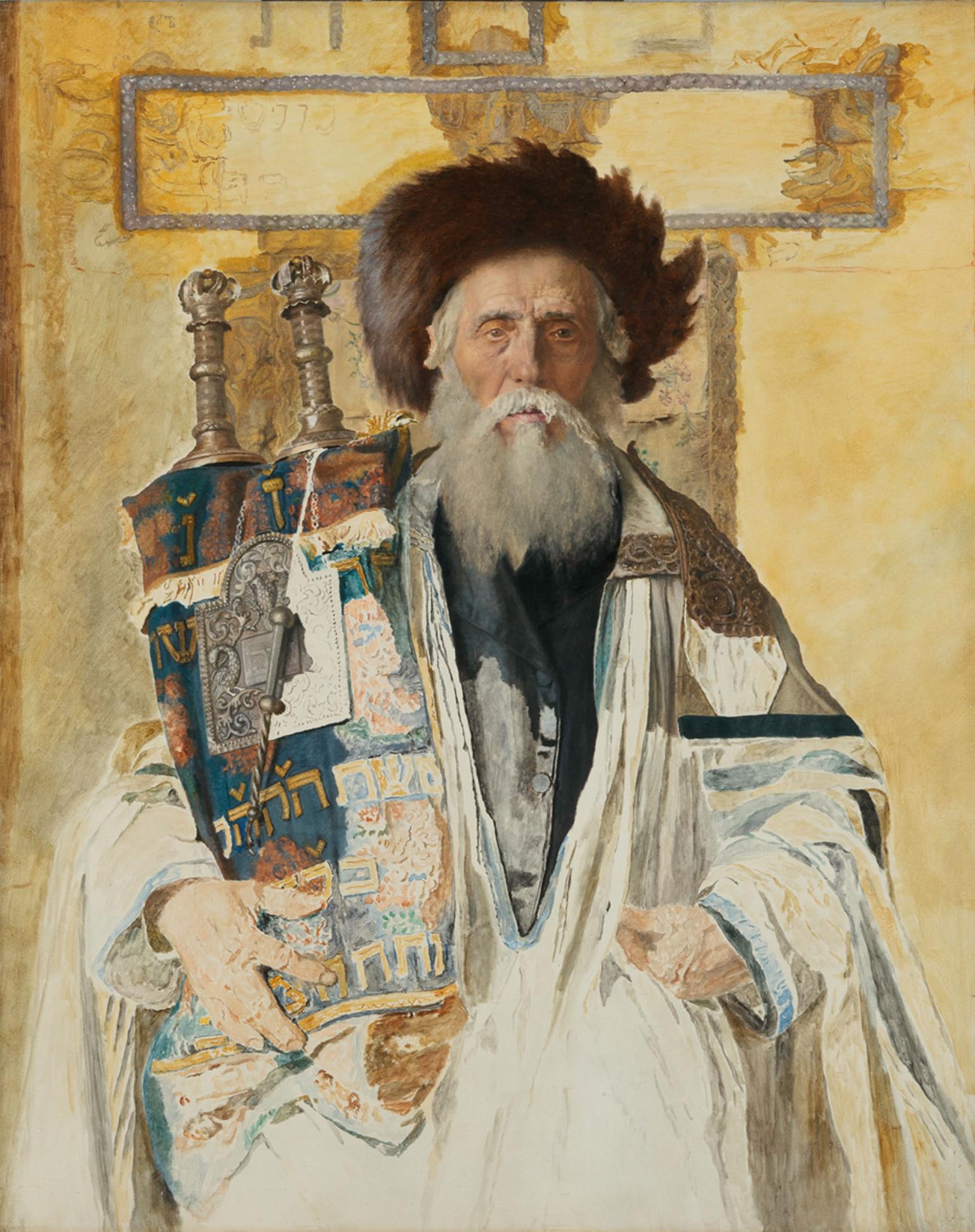 Oil painting of man in beard, furried hat, and prayer shawl looking forward and holding a Torah scroll.
