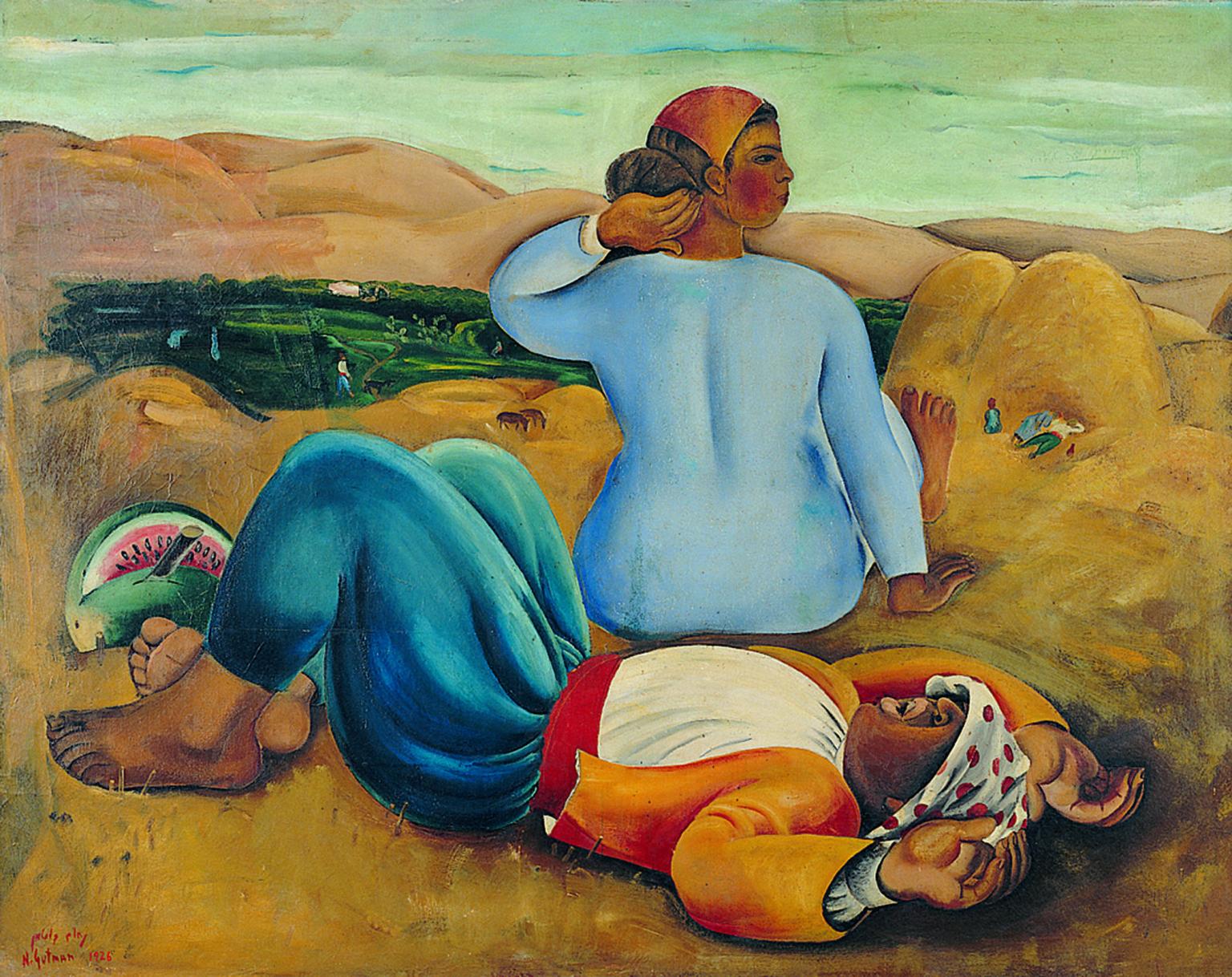 Painting of man laying on ground with watermelon at his feet and woman facing away from viewer towards hills in the background. 