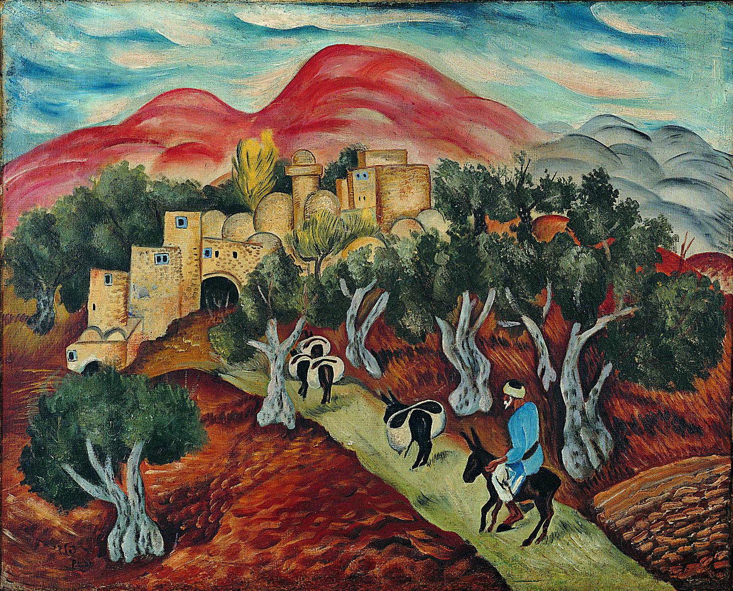 Painting of man riding donkey on tree-lined street toward a village with mountains in background.