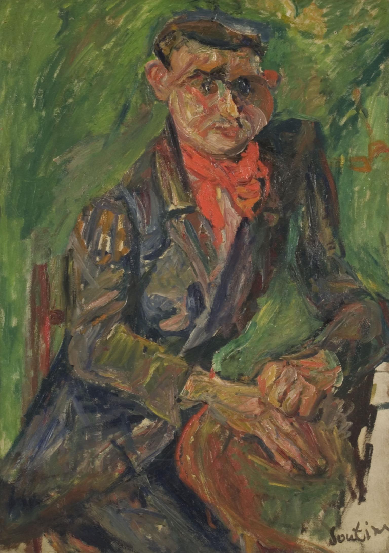 Painting of man sitting at table wearing suit and bandana around neck.