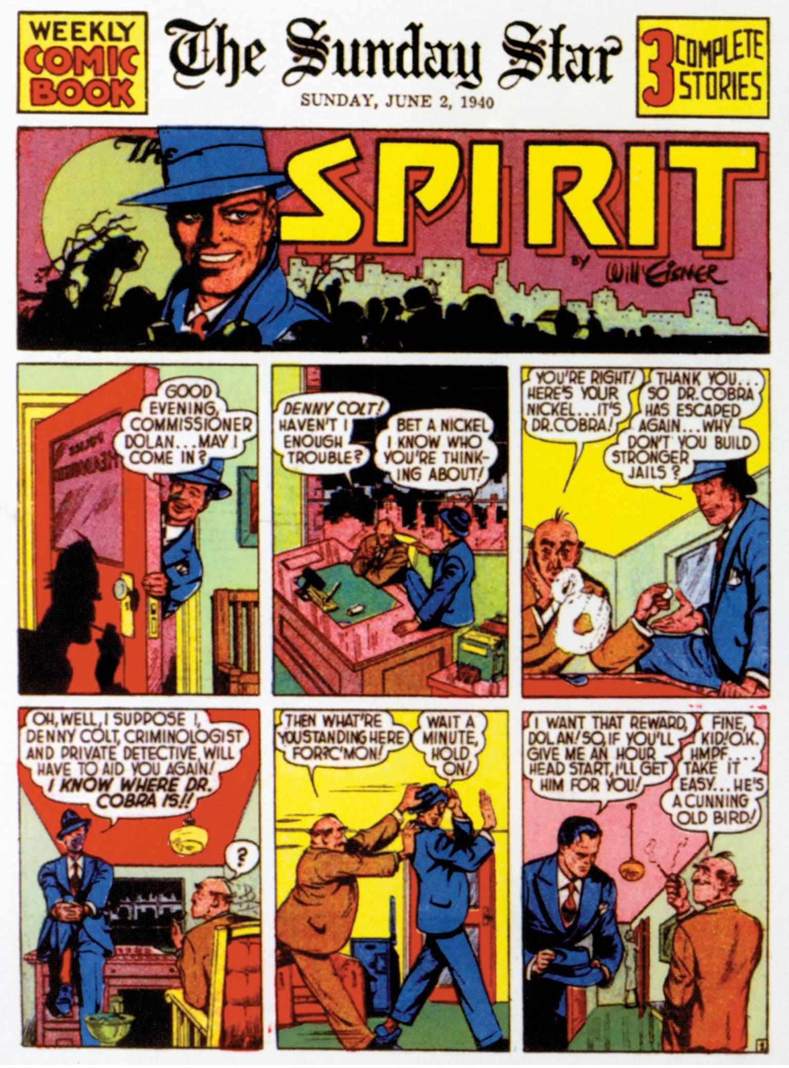Newstrip comic with two rows of headings across the top, and two rows of three comic panels each with image and English text in bubbles, featuring man in suit speaking to another man in an office.
