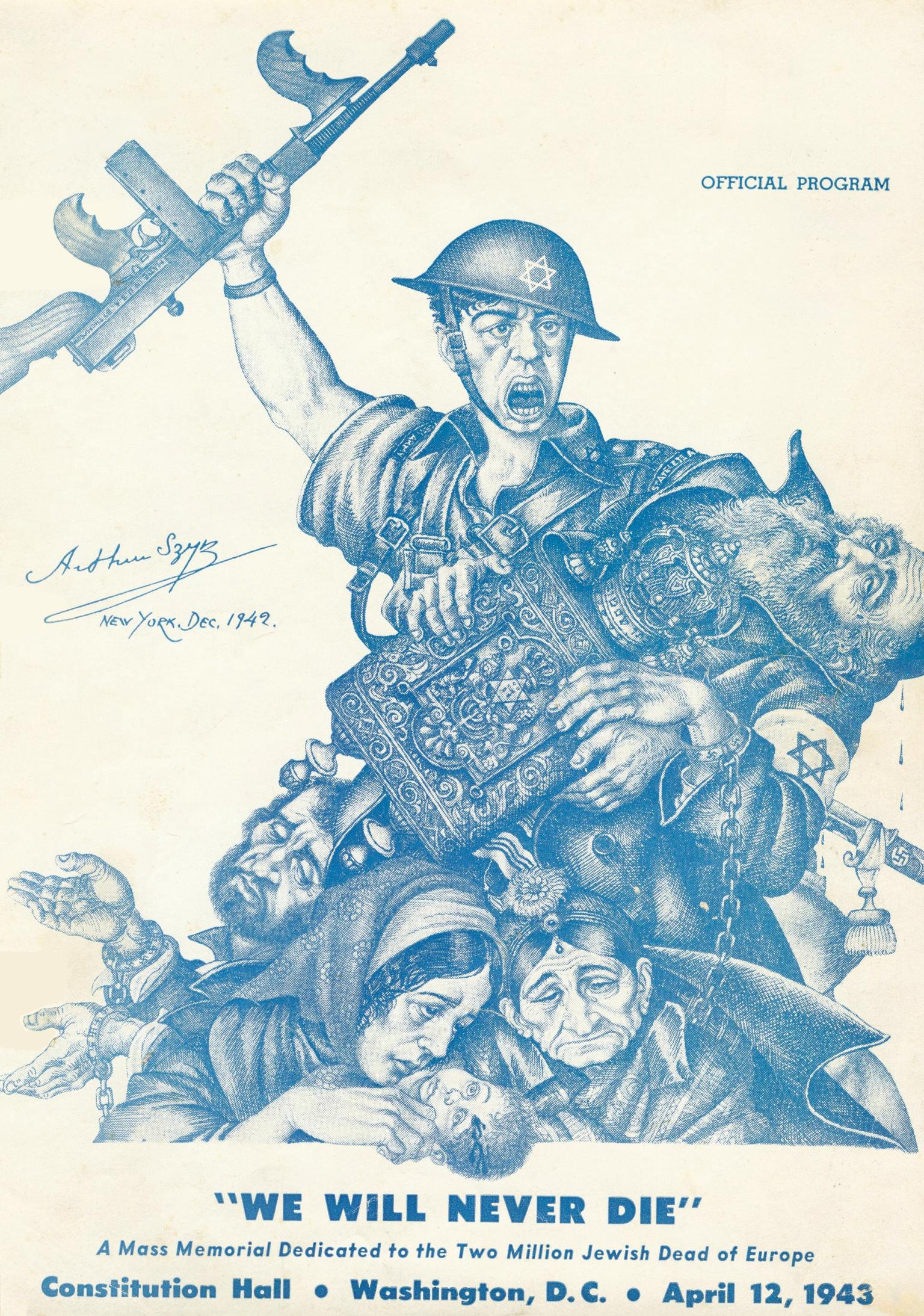 Poster featuring soldier raising gun in the air wearing a helmet with Star of David, with his left arm around a rabbi holding Torah, two sad women in the foreground holding a child, another man to the left in handcuffs, and English writing on the bottom.
