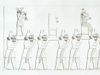 Drawing of helmeted figures carrying statues.