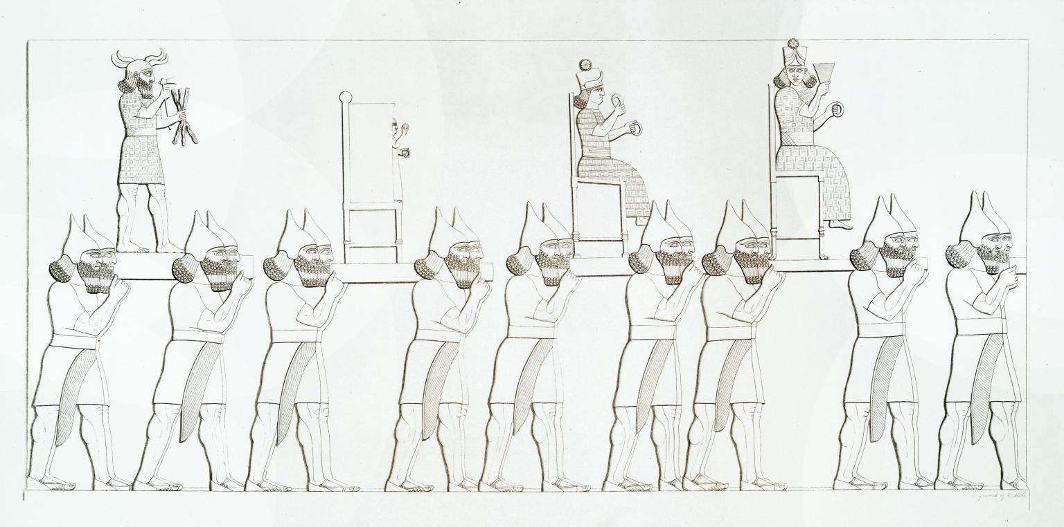 Drawing of helmeted figures carrying statues.