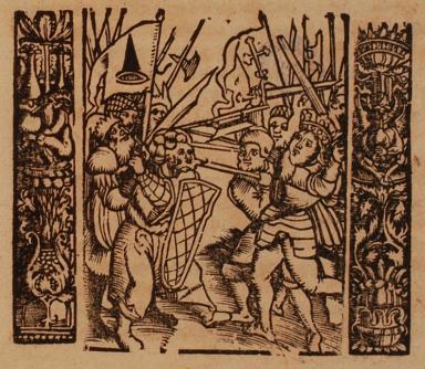 Woodcut print of two armies fighting with swords and shields.