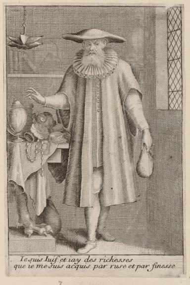 Printed engraving of man wearing hat and collar and holding bag, standing next to table with jewelry and household objects, and French caption. 