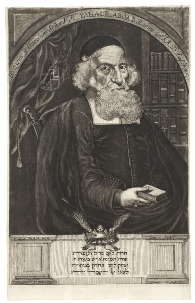Print portrait of man in skullcap and beard, in front of bookshelf and holding open book in his hand, with crown and Hebrew text underneath. 
