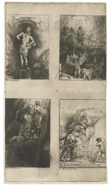 Page of four pencil drawings: a half-naked man posing, an animal figure with wings underneath figure with halo, man and angels, and soldier fighting against smaller figure.