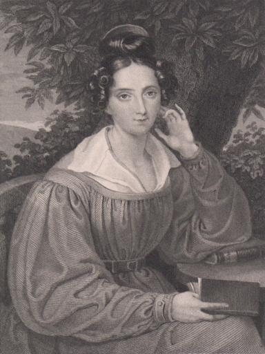 Engraving of woman seated in front of a tree at a table, facing the viewer with her left elbow resting on the table and her right hand holding a book in her lap.