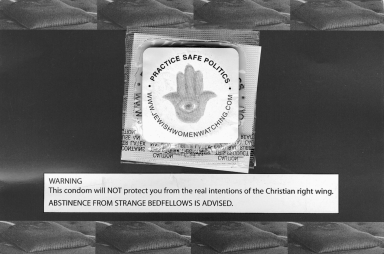 Plastic-wrapped square in center with image of evil eye on ḥamsa and a rectangular text box explaining that condom will not protect against Christian right wing, surrounded by border of identical square frames with a pillow inside each. 