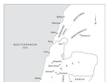 Map of Israel, Judah, and neighboring areas labeled in English. 