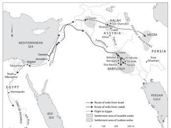 Map of exile and diaspora settlements in Egypt and the Middle East, with arrows and shading depicting route of exile from Israel, route of exile from Judah, flight to Egypt, settlement area of Israelite exiles,  and settlement area of Judean exiles, with areas labeled in English. 
