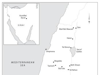 Map of Middle East with areas of interest marked with black dot and labeled in English; map of the Sinai peninsula with Kuntillet Ajrud denoted.  
