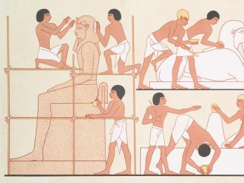 Drawing of figures creating large sculptures of men and sphinx. 