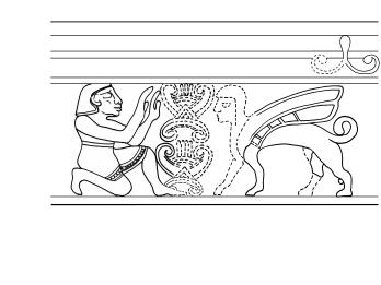 Drawing of figure crouched down next to central altar and winged sphinx, under set of parallel lines.