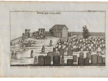 Printed engraving of cemetery enclosed by wall with several people walking through.