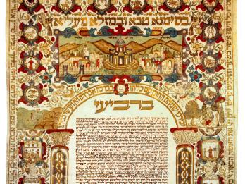 Page of Aramaic text surrounded by many images and decorations, including zodiac symbols, scenes of figures and animals, cherubs, Hebrew words around margins, and vines and flowers. 