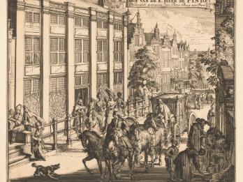 Print of city street with horse-drawn carriages and building facade.