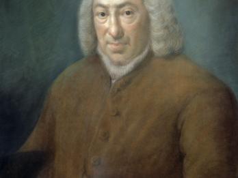 Portrait painting of man facing viewer wearing wig.
