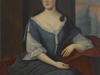 Portrait painting of woman in dress sitting with her hands in lap.