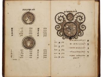 Facing-page manuscript with illustration of fish and spiral design with Hebrew list below on right side, and illustrations of ram's head and bull's head with Hebrew lists below on left page.