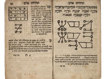Facing-page Hebrew manuscript with charts with Hebrew letters on left side, and geometric drawings on right side. 