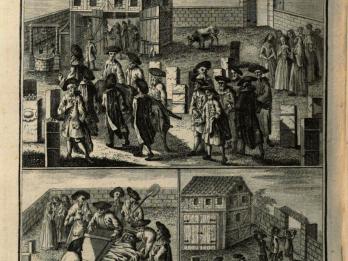 Print image in three panels: the top panel shows groups of men and women in courtyard outside of building, the bottom left panel shows people around body in coffin, and the bottom right panel shows people outside building. 