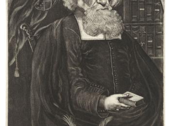 Print portrait of man in skullcap and beard, in front of bookshelf and holding open book in his hand, with crown and Hebrew text underneath. 