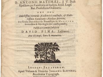 Manuscript page with Latin text and small illustration of man standing beneath a tree.